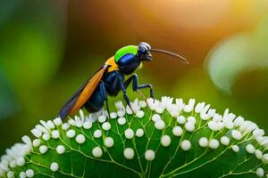 a colorful insect is sitting on top of a green plant. AI-Generated photo