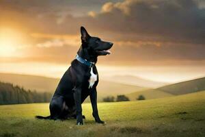 un negro perro sentado en el césped a puesta de sol. generado por ai foto