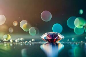 a diamond is sitting on a table with water droplets. AI-Generated photo