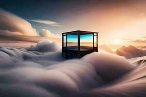 a box in the clouds with a view of the sun. AI-Generated photo