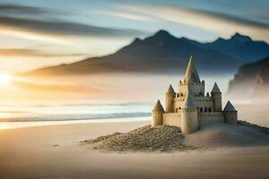 un arena castillo en el playa a puesta de sol. generado por ai foto