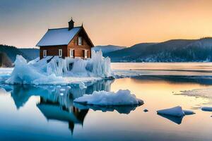 a house on an iceberg in the middle of a lake. AI-Generated photo