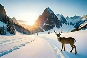 a deer stands in the snow in front of mountains. AI-Generated photo