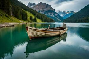a boat sits on the water in front of mountains. AI-Generated photo