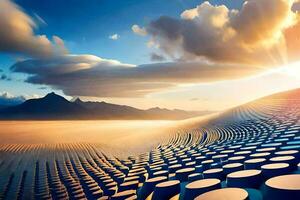 a desert with many barrels stacked on top of each other. AI-Generated photo