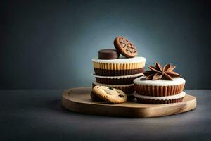 a stack of cupcakes on a wooden board. AI-Generated photo