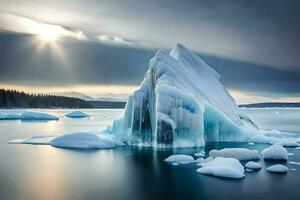 icebergs floating in the water with sun shining through. AI-Generated photo