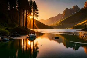 the sun rises over a mountain lake and a boat. AI-Generated photo