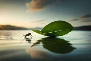 a bug on a leaf in the water. AI-Generated photo