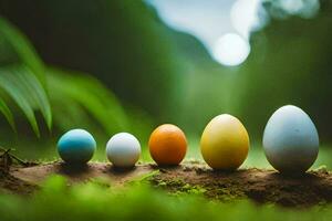 five colorful eggs are lined up in a row. AI-Generated photo