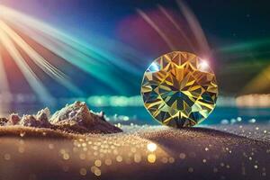 a diamond sitting on the sand with a bright light shining on it. AI-Generated photo