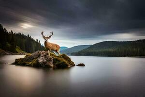 a deer stands on a rock in the middle of a lake. AI-Generated photo