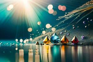 a group of colorful crystals on a table. AI-Generated photo