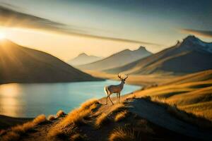 the deer is standing on the edge of a cliff overlooking a lake and mountains. AI-Generated photo