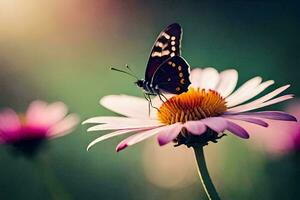 a butterfly is sitting on a pink flower. AI-Generated photo