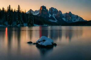 a lake in the mountains with snow on the rocks. AI-Generated photo