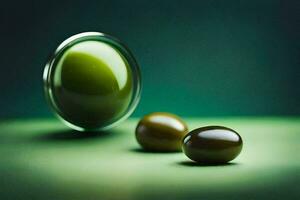 two green olives sit on a green surface. AI-Generated photo