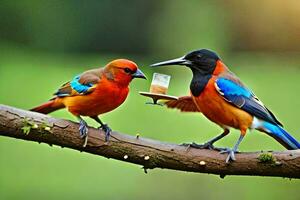 dos vistoso aves sentado en un rama con un pájaro alimentador. generado por ai foto