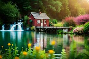 a red house sits on a lake surrounded by flowers. AI-Generated photo
