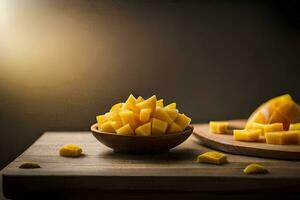 mangoes on a wooden table with pieces of fruit. AI-Generated photo