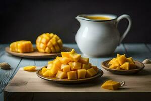 mango slices on a wooden table. AI-Generated photo