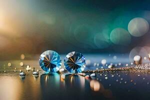 two blue diamonds on a table with water droplets. AI-Generated photo