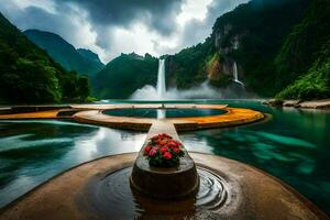 a waterfall and a large pool surrounded by mountains. AI-Generated photo