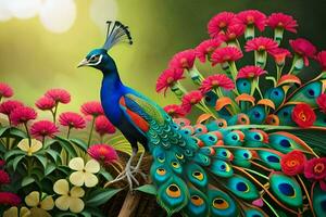 a colorful peacock is standing in front of flowers. AI-Generated photo