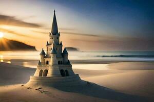 a castle made out of sand on the beach. AI-Generated photo