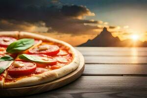 un Pizza en un de madera mesa con un puesta de sol en el antecedentes. generado por ai foto