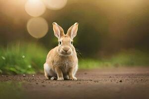 a rabbit sitting on the ground in front of a blurry background. AI-Generated photo