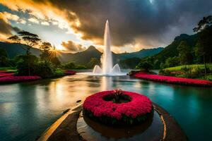 a beautiful fountain in the middle of a lake with pink flowers. AI-Generated photo