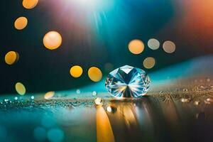 a diamond on a table with bokeh lights. AI-Generated photo