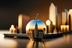 a reflection of the city in an apple. AI-Generated photo