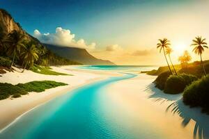 a beautiful beach with palm trees and a river. AI-Generated photo