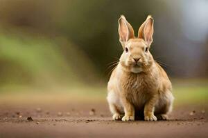 a rabbit sitting on the ground in front of a blurry background. AI-Generated photo