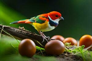 a colorful bird sits on top of some eggs. AI-Generated photo