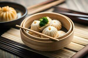 dumplings in a bamboo bowl. AI-Generated photo