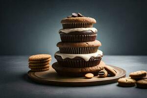 a stack of cupcakes with cookies on top. AI-Generated photo