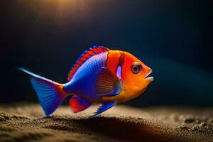 a colorful fish is standing on the sand. AI-Generated photo