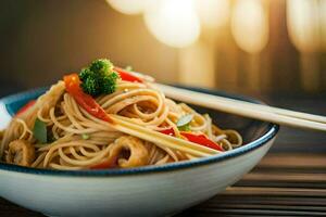 a bowl of noodles with vegetables and chopsticks. AI-Generated photo