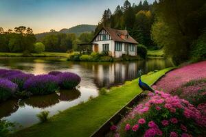 el casa es rodeado por púrpura flores y un pavo real. generado por ai foto