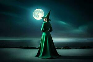 a woman in a green dress standing in front of a full moon. AI-Generated photo