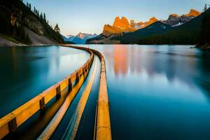 a wooden bridge crosses over a lake at sunset. AI-Generated photo