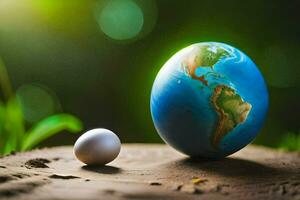 the earth and an egg on a wooden stump. AI-Generated photo