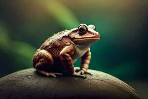 a small frog sitting on top of a rock. AI-Generated photo