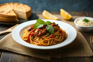 spaghetti with meat and tomatoes on a wooden table. AI-Generated photo