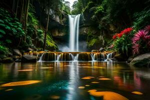 waterfall in the jungle with colorful flowers. AI-Generated photo