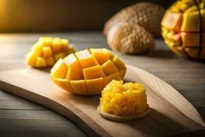 mango slices on a cutting board. AI-Generated photo