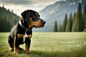 un Rottweiler perro sentado en el césped con montañas en el antecedentes. generado por ai foto